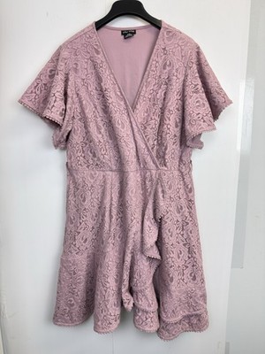 City Chic Womens Lace Dress Size M/18 Faux Wrap Flutter Sleeve Rose Bud