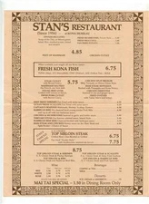 Stan's Restaurant Menu Kona Huklau Hotel Hawaii 