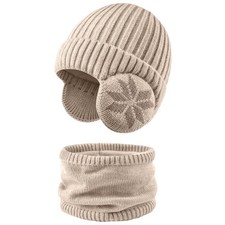 KIRAAT 5-12Y Kids Earflap Beanie and Scarf Set for Girls One Size, Beige