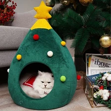 Cat Bed Christmas Tree Small Dog Pet Bed Igloo Cave Soft Cushion Nest Warm Cosy↔