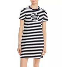 Tory Burch Womens Logo T Shirt Dress S Navy Stripe Preppy Casual Nautical