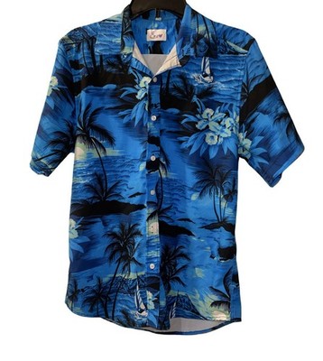 Euow Hawaiian Shirt Men s Small Blue Palms Sailboats Island Cooling Fabric