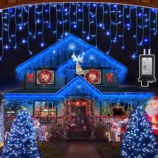 792 LED Christmas Outdoor Curtain Lights 82ft 176 Drops 8 Modes Blue House Roof