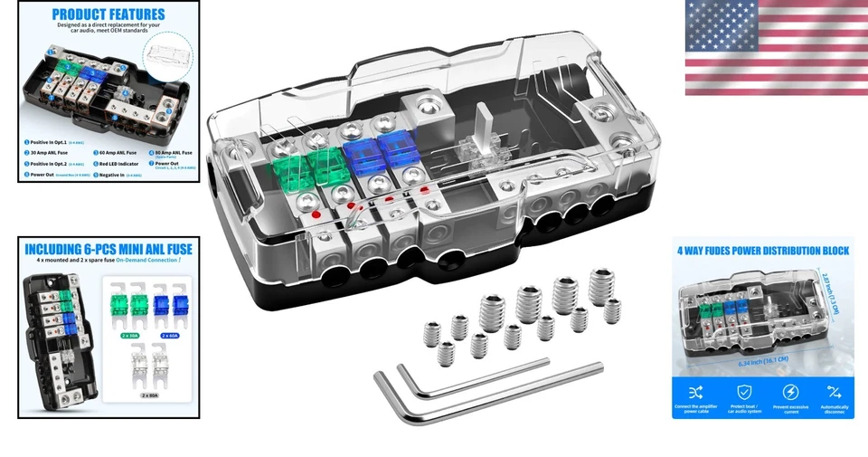 Fused Power Distribution Block Car Audio 4 Way Midi(Mini-Anl) Fuse Block 12V - Image 2 of 4