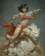 8x10 Horned warrior woman crouched on white dragon statue - 363218236