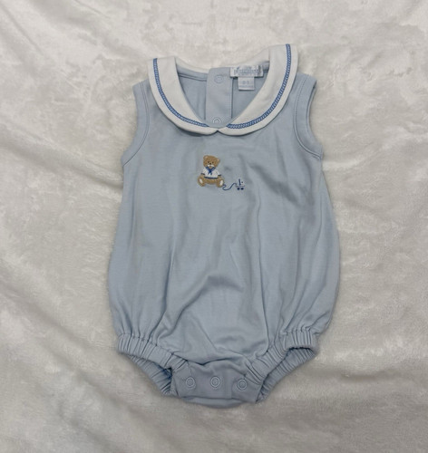 Blue baby bodysuit with embroidered teddy bear