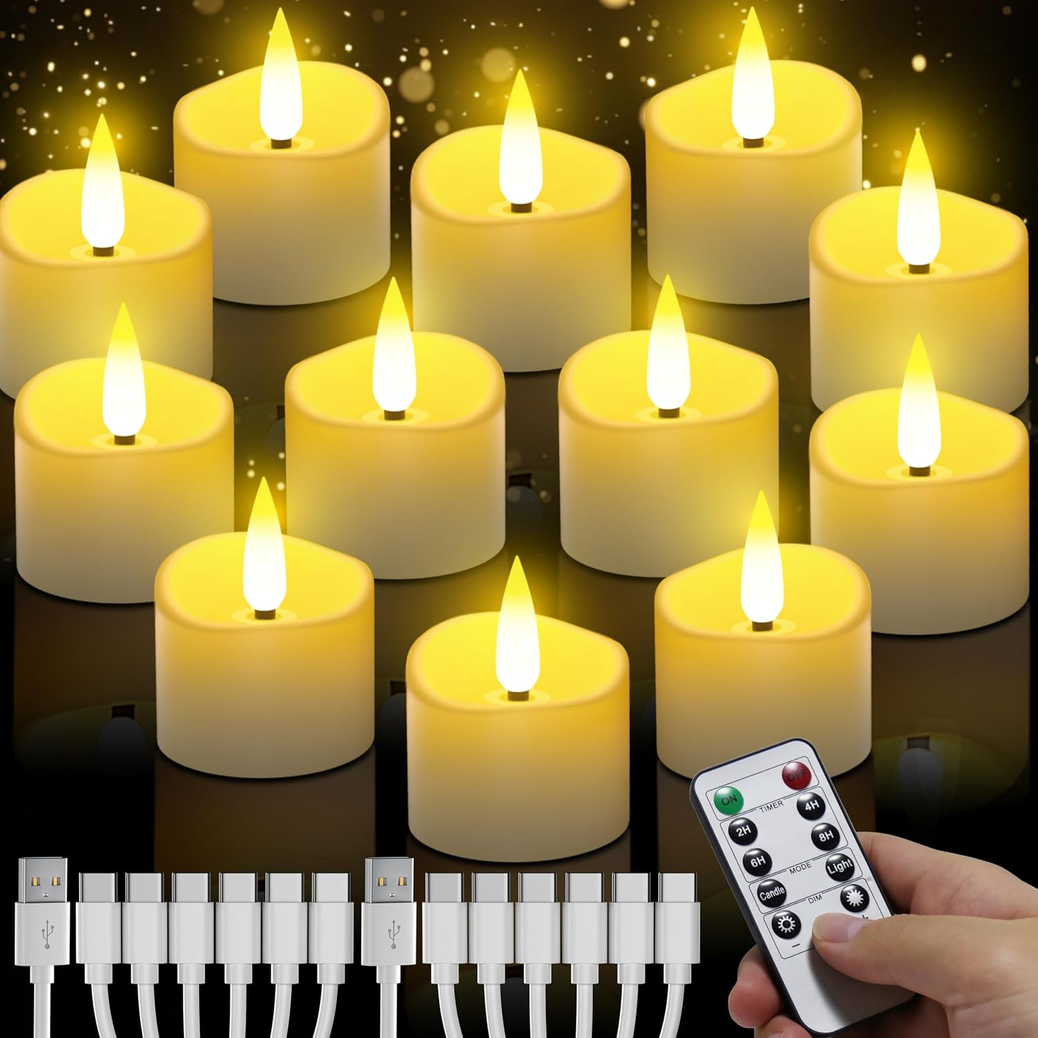 Candele LED Ricaricabili Con Telecomando 12 Pezzi, Senza Fiamma, Con Funzione Ti
