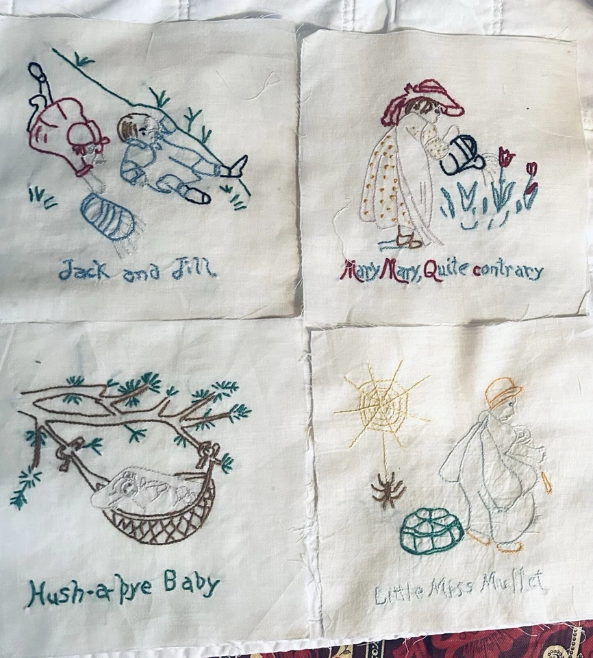 25 VINTAGE QUILT BLOCKS Hand Embroidered Childrens Theme Nursery Rhymes Animals - Image 3 of 4