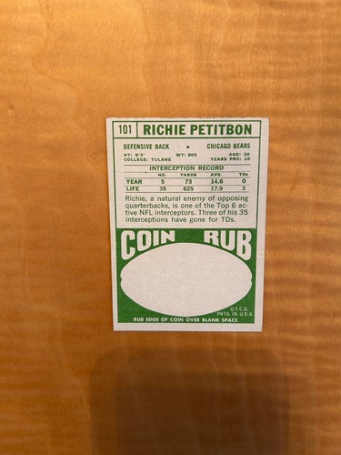 1968 Topps Football #101 ¡¡Richie Petitbon!! (N) ¡ENVÍO DE $1!! - Imagen 2 de 2