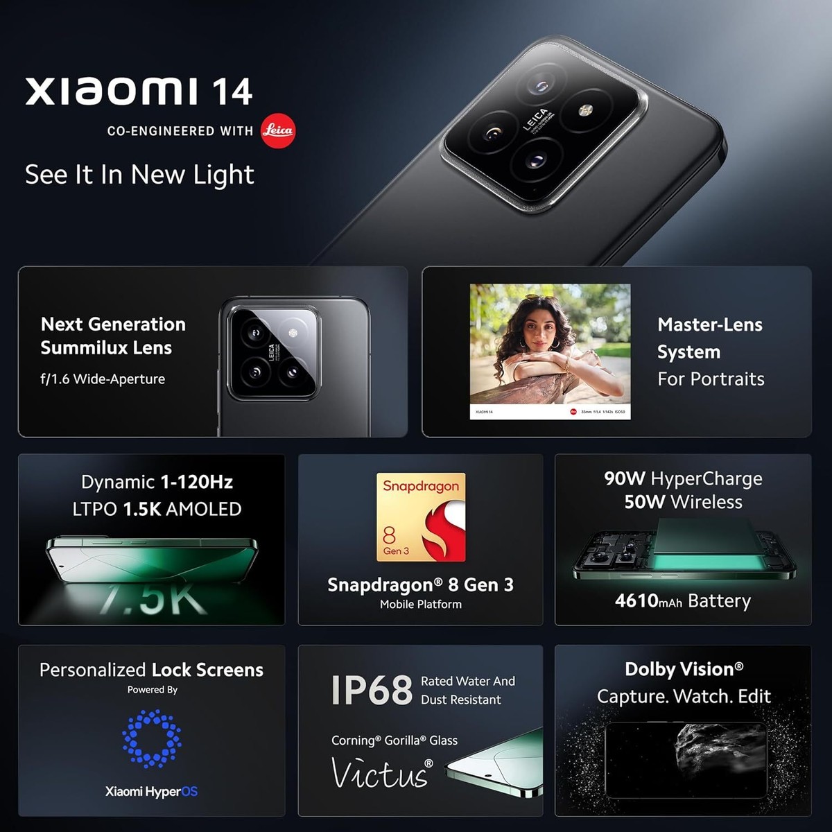 Xiaomi 14 ブラック 12GB RAM 512GB ROM Xiaomi 14 Black 12GB RAM 512GB Storage 50MP Professional