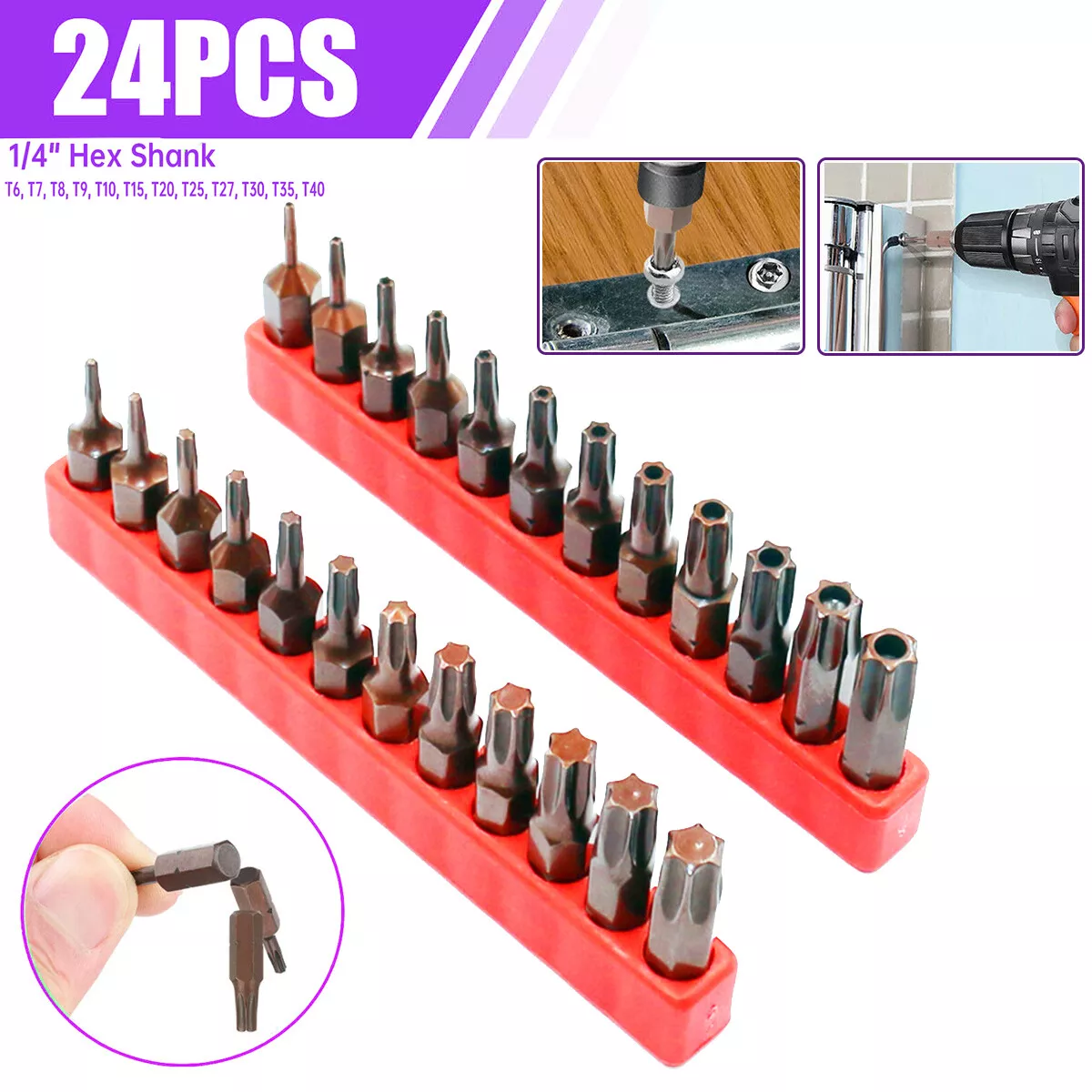 24Pcs Kit T6 T40 Hex Shank Star Drill Bit Solid Hollow Drill