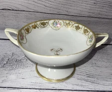 ANTIQUE NIPPON  HAND PAINTED COMPOTE CANDY DISH GILT GREEN MAPLE LEAF MARK