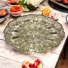 Vintage Anchor Hocking 10" Clear Cut Glass Deviled Egg Plate Platter Seashell