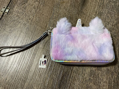 Claire s Glitter unicorn Plush Tie Dye Rainbow wallet wristlet Purple
