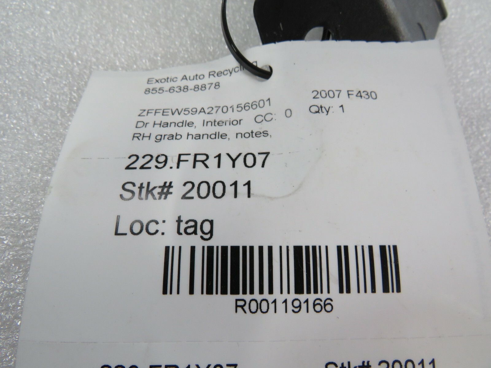 Ferrari 430, RH, Right, Inside Door Grab Handle, Black, Used, P/N 65157600