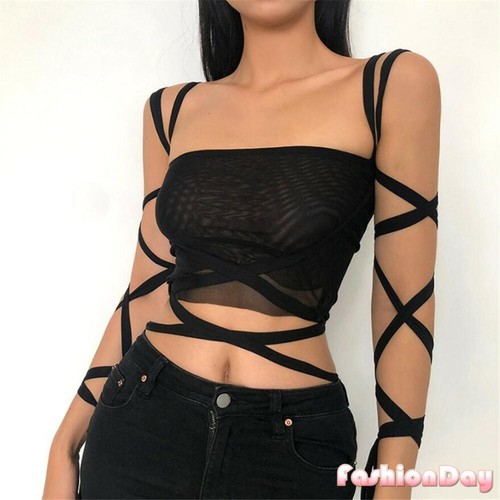 Women Sexy Tops Mesh Bandage Gothic Black Vest Fashion Lace Up Sleeveless Tanks
