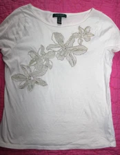 RALPPH LAUREN Ivory T Shirt Metallic Floral Stitching Sz PM Cotton Cap Sleeve