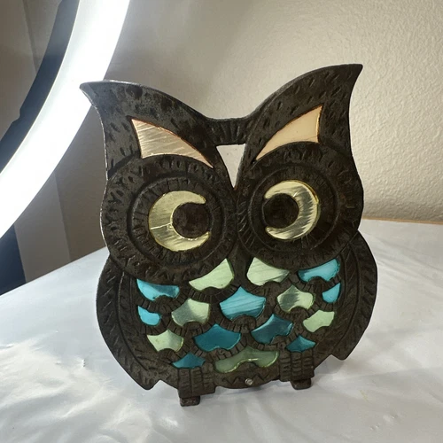 Vintage Owl Yellow Green Stained Glass Cast Iron Napkin Holder Retro Boho Decor