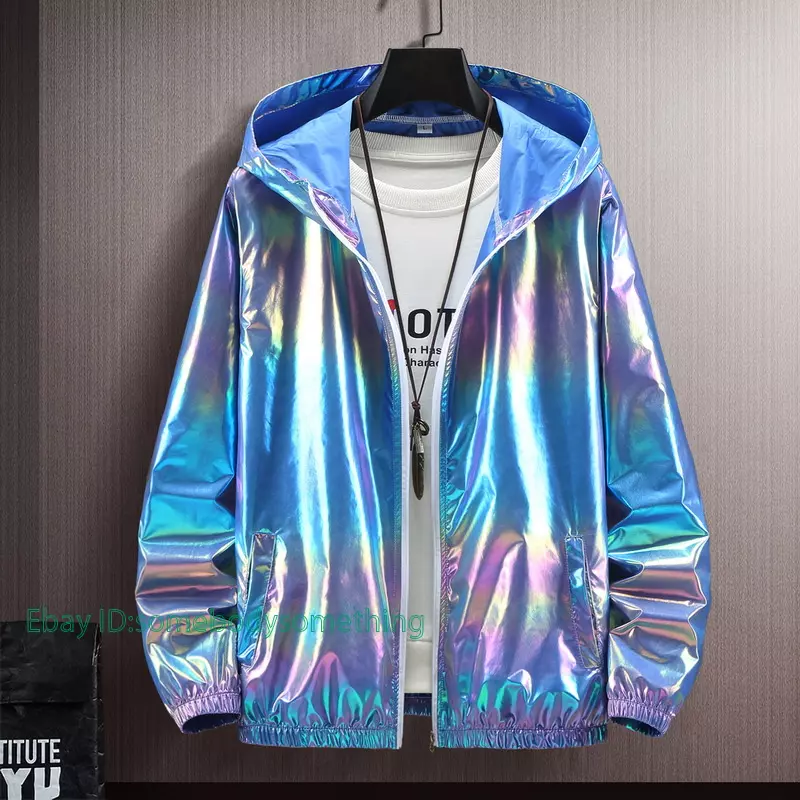 Women Men Unisex Hooded Coat Iridescent Shiny Holographic Zipper Casual  Jacket