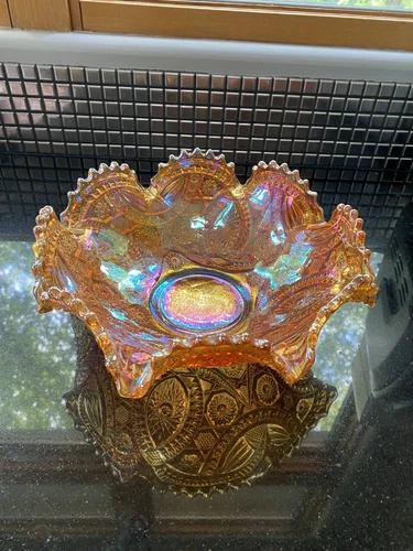 VTG Imperial Glass Marigold Carnival Hobstar Sawtooth Fruit Bowl 10"W