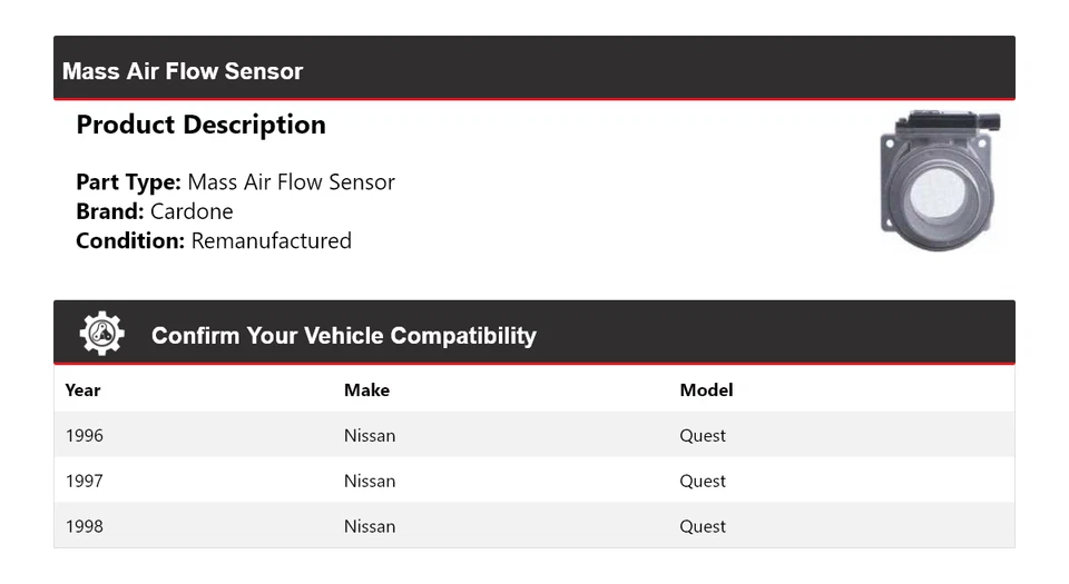Sensor de flujo de aire masivo Cardone 1997 para Nissan Quest 1996-1998 Foto 2 de 4