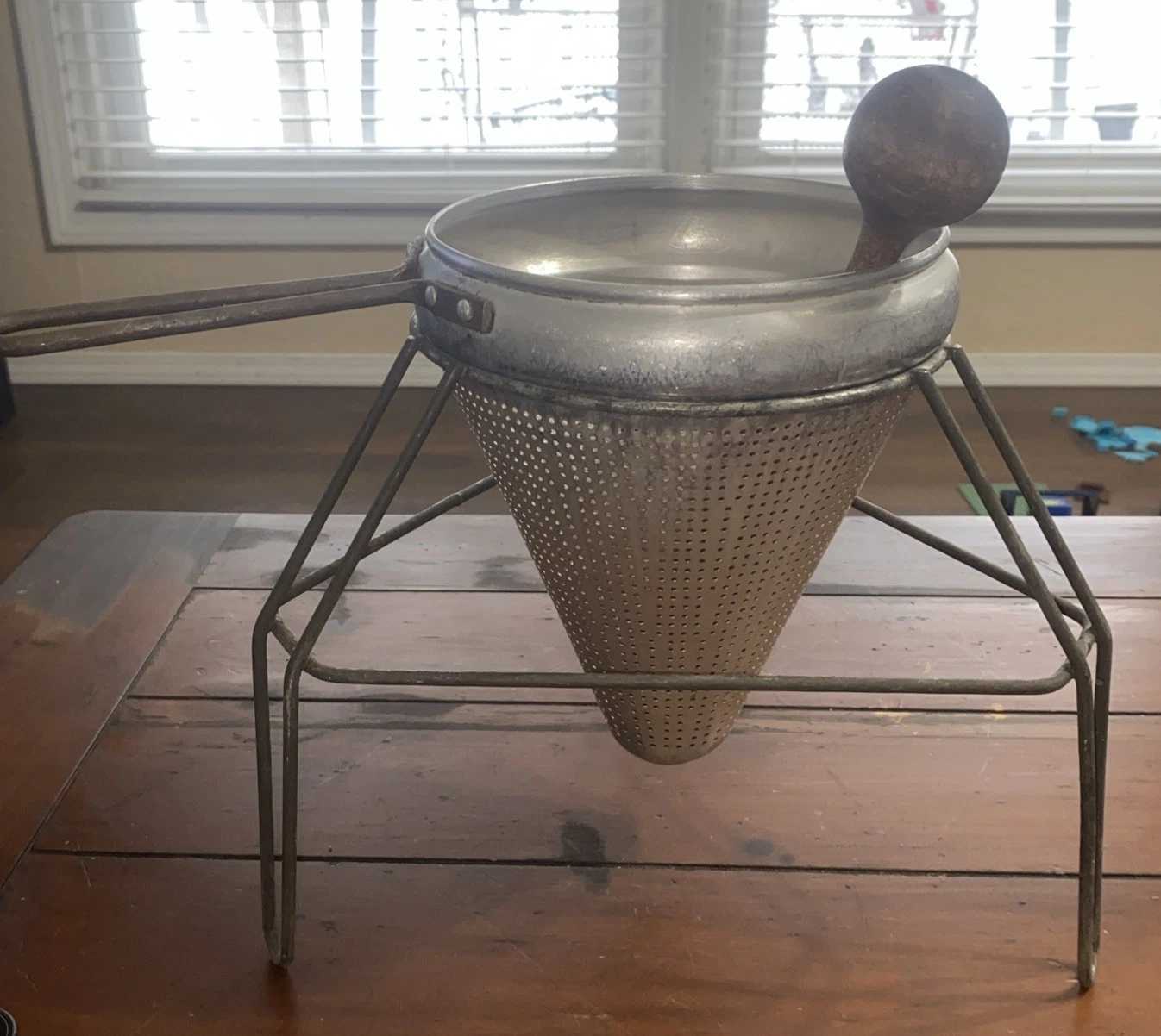 Vintage Aluminum Cone Food Colander with Wood Pestle and stand