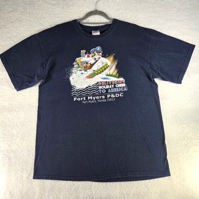 GILDAN Holiday T-shirt USPS Navy Blue Size Large Cotton Fort Myers FL Snowman