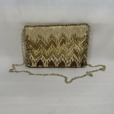 Beaded Purse Chevron Evening Formal Bag Fine Arts Hong Kong Vintage Gold White