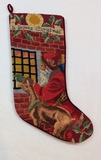 Vintage Needlepoint Stocking Wool Santa "A Joyous Christmas" Reindeer Window