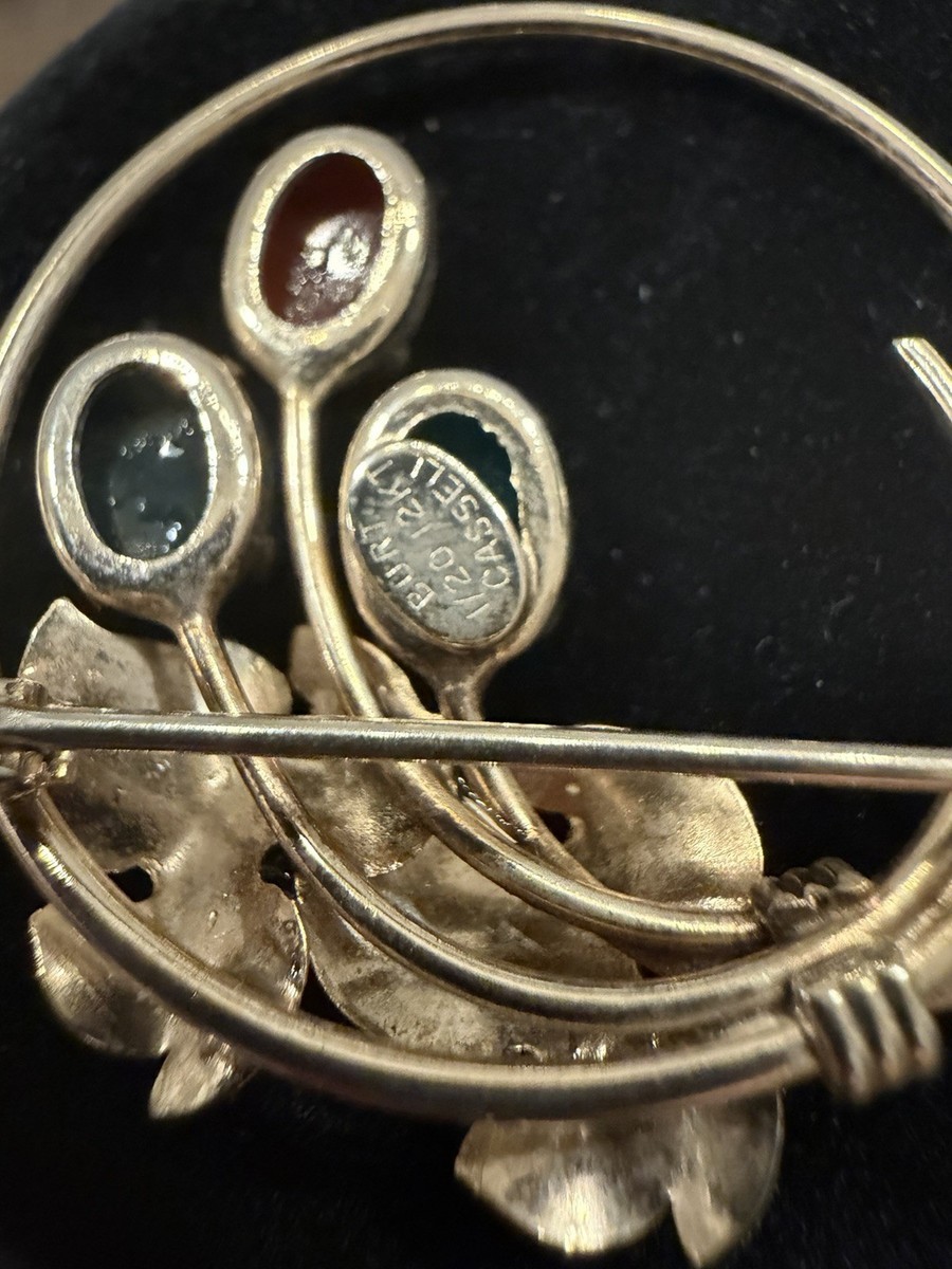 Vintage Burt Cassell Scarab Brooch 12K Gold Filled Carved Stone Floral Pin View 6