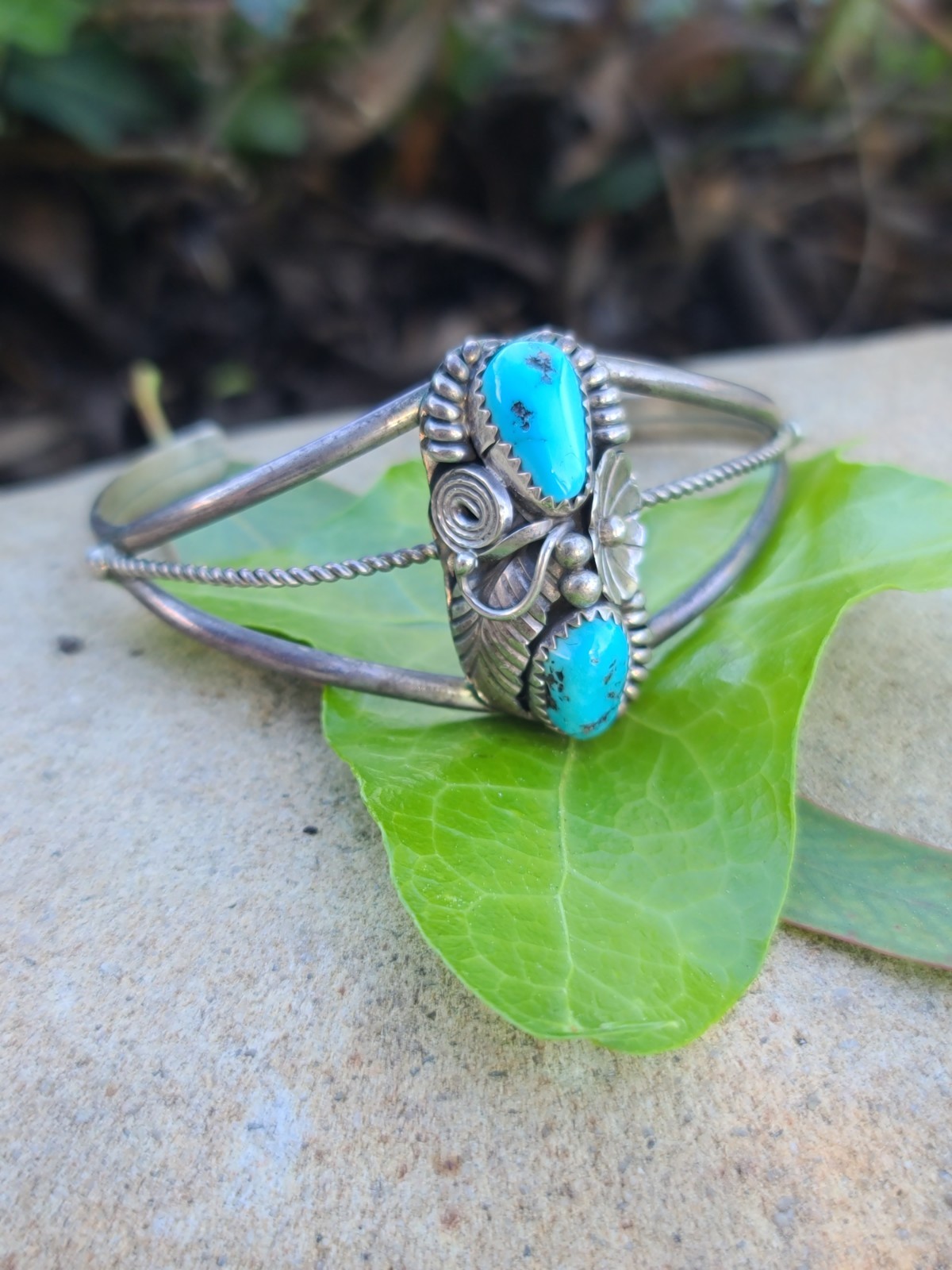 Vtg Native Solid Sterling Silver Turquoise Cuff B… - image 2