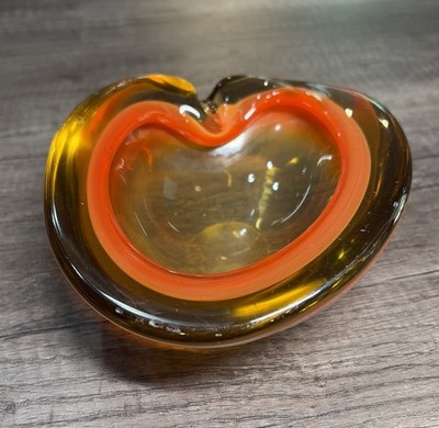 Murano Glass Ashtray VTG MCM 6'' Bowl Orange Italy Cigar Sommerso Amber Geode