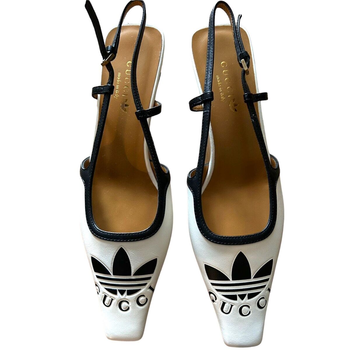 NEW GUCCI X ADIDAS Off White Leather Black Trim Kitten Heel NEW GUCCI X ADIDAS Off White Leather Black Trim Kitten Heel