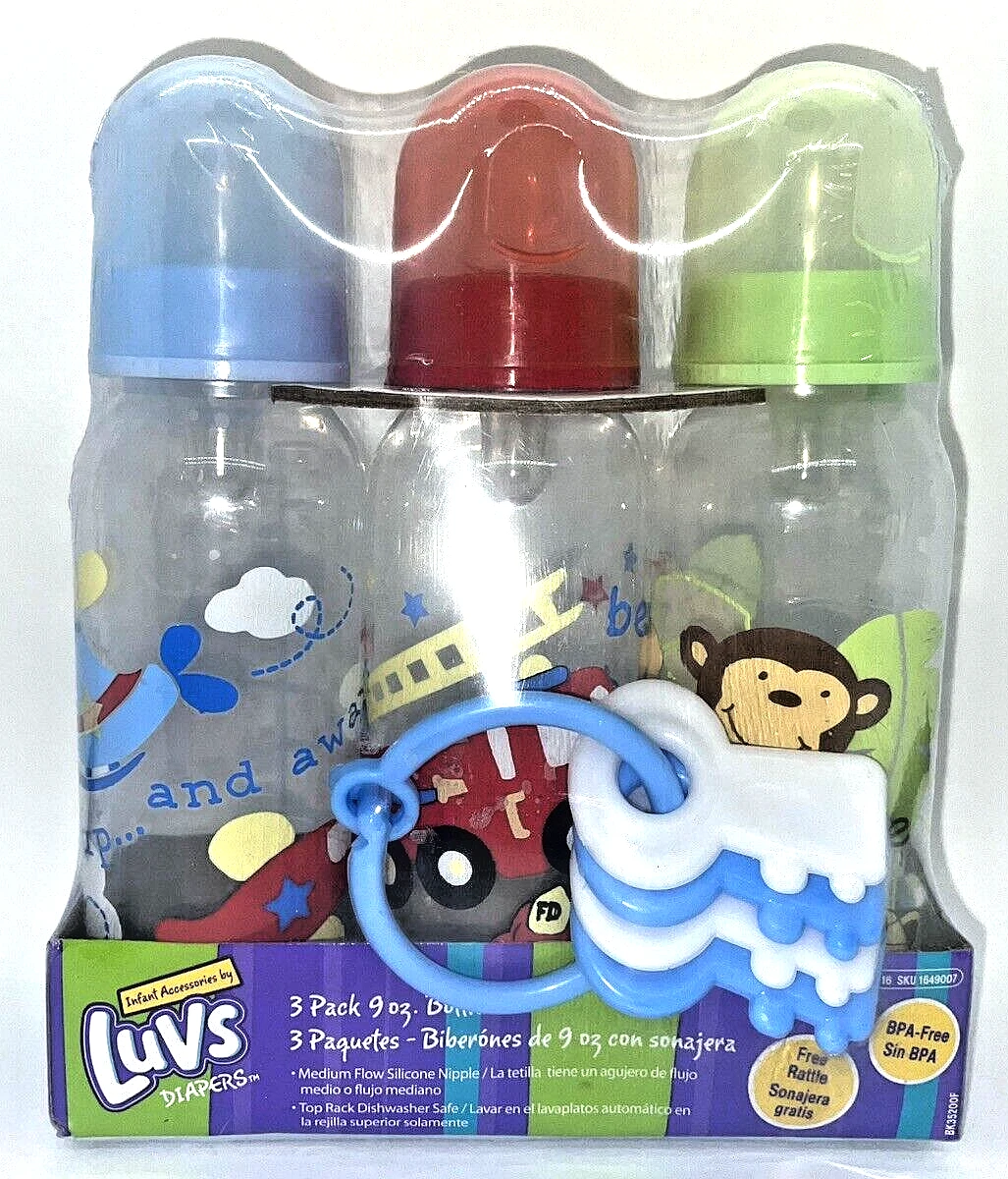 Luvs Baby Bottles 3 pack 9 oz 2009 Free Keys Rattle Animals Fire Engine
