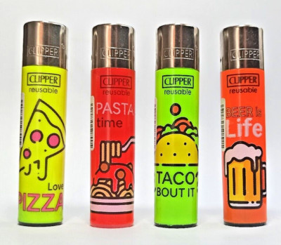 4x Clipper '' Famous Food '', Gasfeuerzeug Neuheit Bier Pizza
