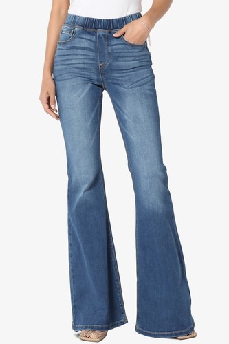 TheMogan Elastic Waist High Rise Full Length Stretch Denim Flare Leg Jeans - Picture 21 of 26