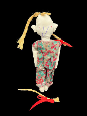 Nudd Rag Doll 12'' Rope Hair Red Floral Christmas Holiday Dress Hand Made