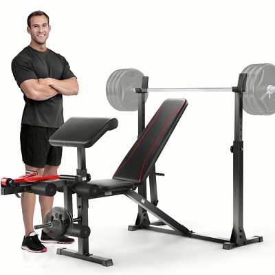 900LBS Weight Bench Set with Squat Rack Preacher Curl Leg Extension Bench Press