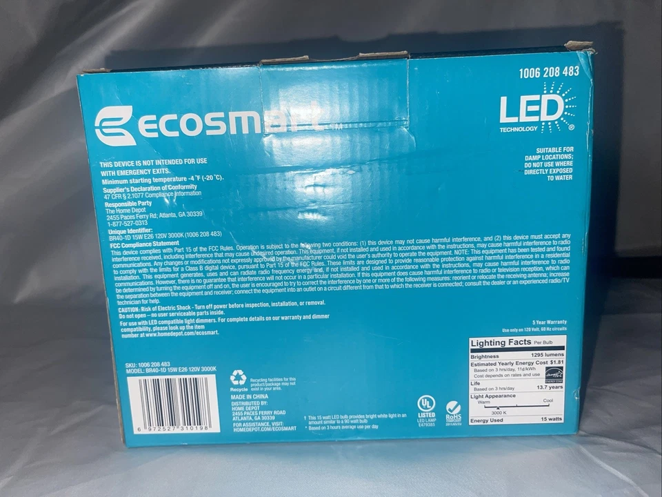 Eco-Smart Dimmable LED Light Bulb 2-Pack Bright White BR40 90W - Image 2 of 4