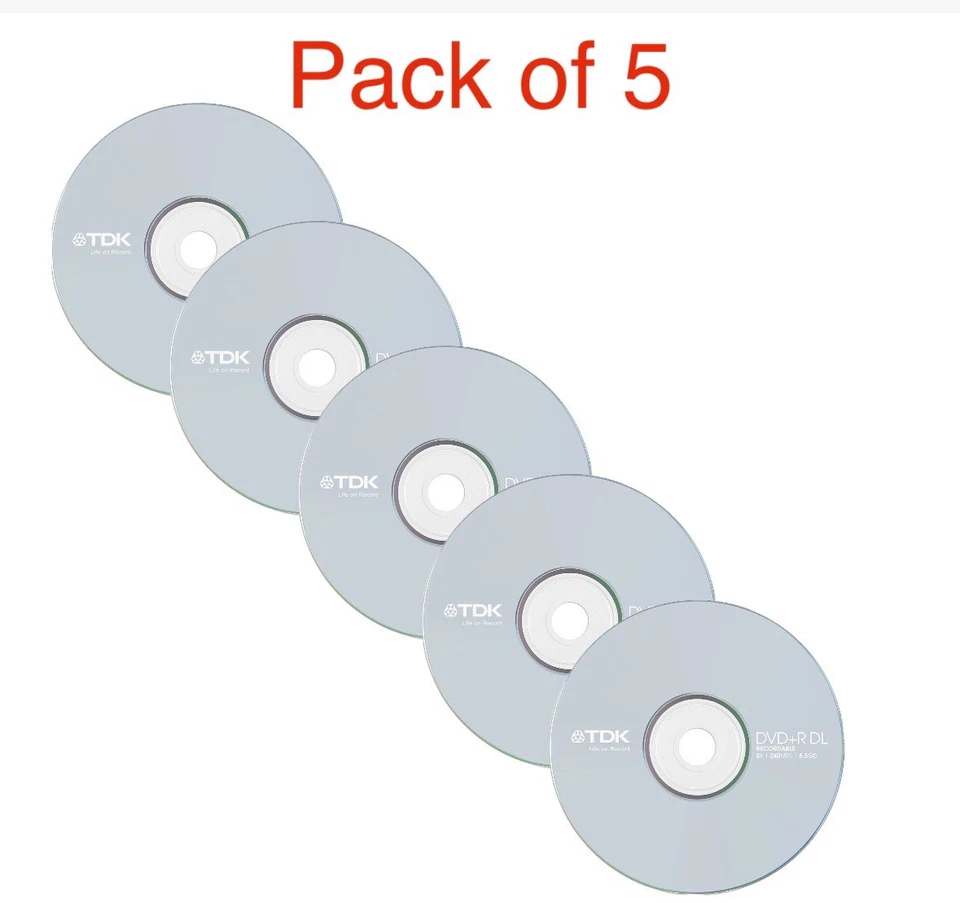 5 TDK Dual Layer DVD+R Double DL 240min 8.5GB 8X Speed Blank Discs in Sleeves