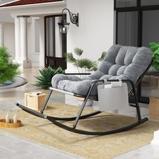 Reclining Rocking Chair with Side Pocket, Oversized Striped Cushion Rocker Chair