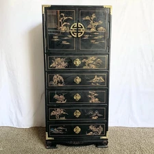 Vintage Chinese Hand Painted Black Lingerie Chest/Highboy With Gold Accents
