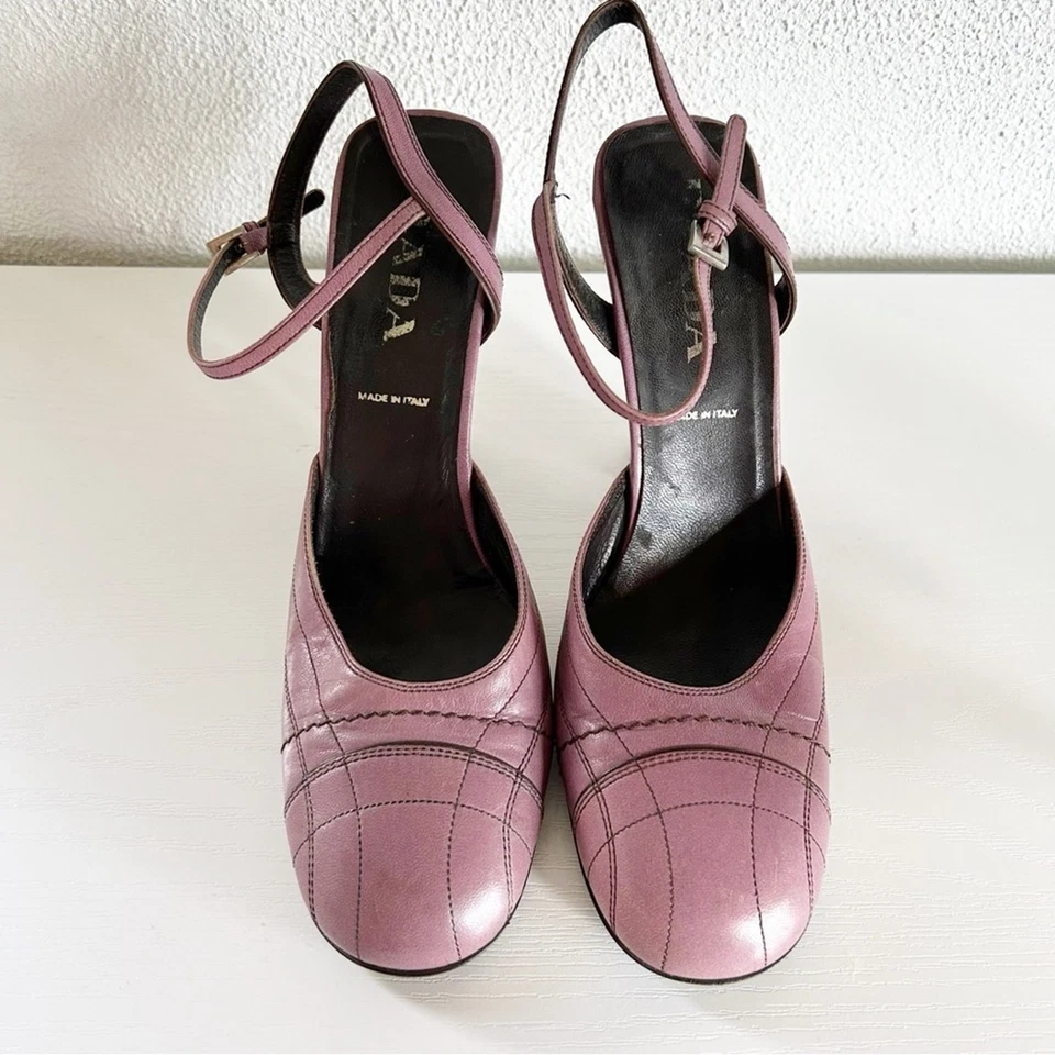 Prada Vintage Cuero Púrpura Pastel Correa Tobillo Bloque Tacones EU 40 Puntada Detalle Foto 4 de 4