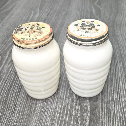 Vintage Fire King Milk Glass Bee Hive Shape Salt & Pepper Shakers