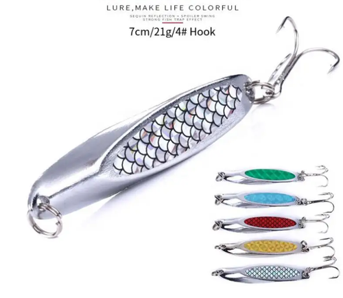 Kit de 5 señuelos de cuchara giratorios cebos de pesca en el mar lucio cuña lubina de fundición larga 21 g - Imagen 4 de 4