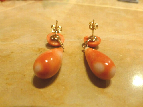 Vintage 14k or Jaune Sculpté Corail Tomate Rouge Orange Goutte Pendantes Boucles - Photo 7 sur 7
