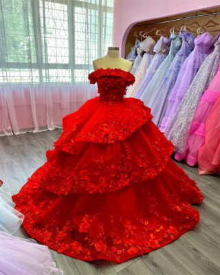 Red Quinceanera Dresses Ball Gown Off Shoulder 3D Flowers Birthday Party  Dress
