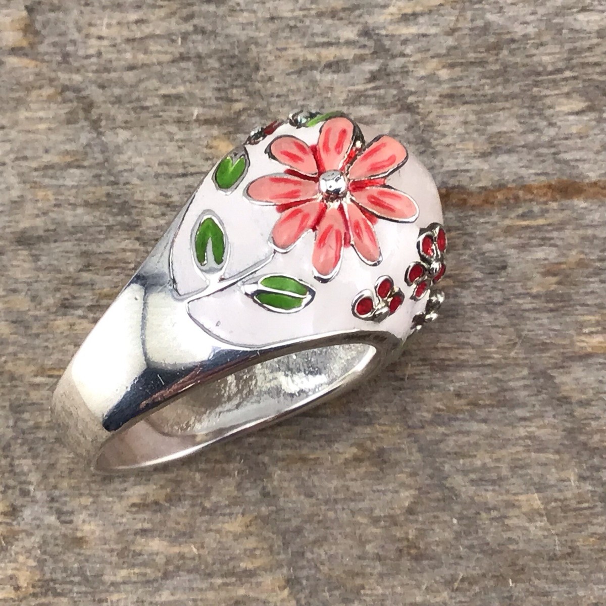 DAVID SIGAL Sterling Silver 925 Rose Quartz Enamel Ring C^A