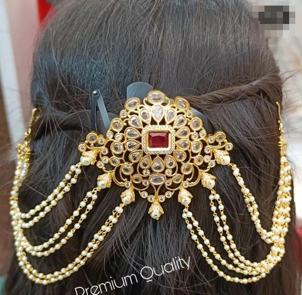 Pin de pelo indio chapado en oro nupcial estilo Bollywood prendedor de perlas joyería del templo Foto 3 de 4