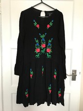 Atmosphere Black Embroidered Floral Boho Hippie Retro A Line Dress UK 6